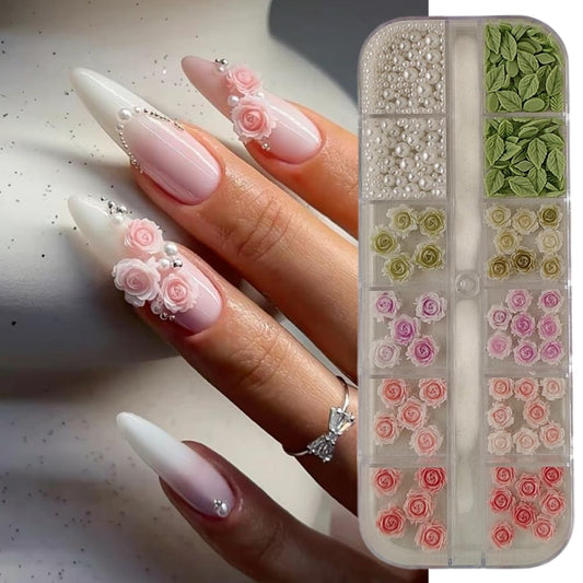 S.A.V.I 3D Nail Art Decoration Kit – 12-Grid Box with Rose Flowers (4 Colors, 2 Sizes), Green Leaves & White Pearls – Nail Embellishments for DIY Manicure, Gel Nails & Extensions