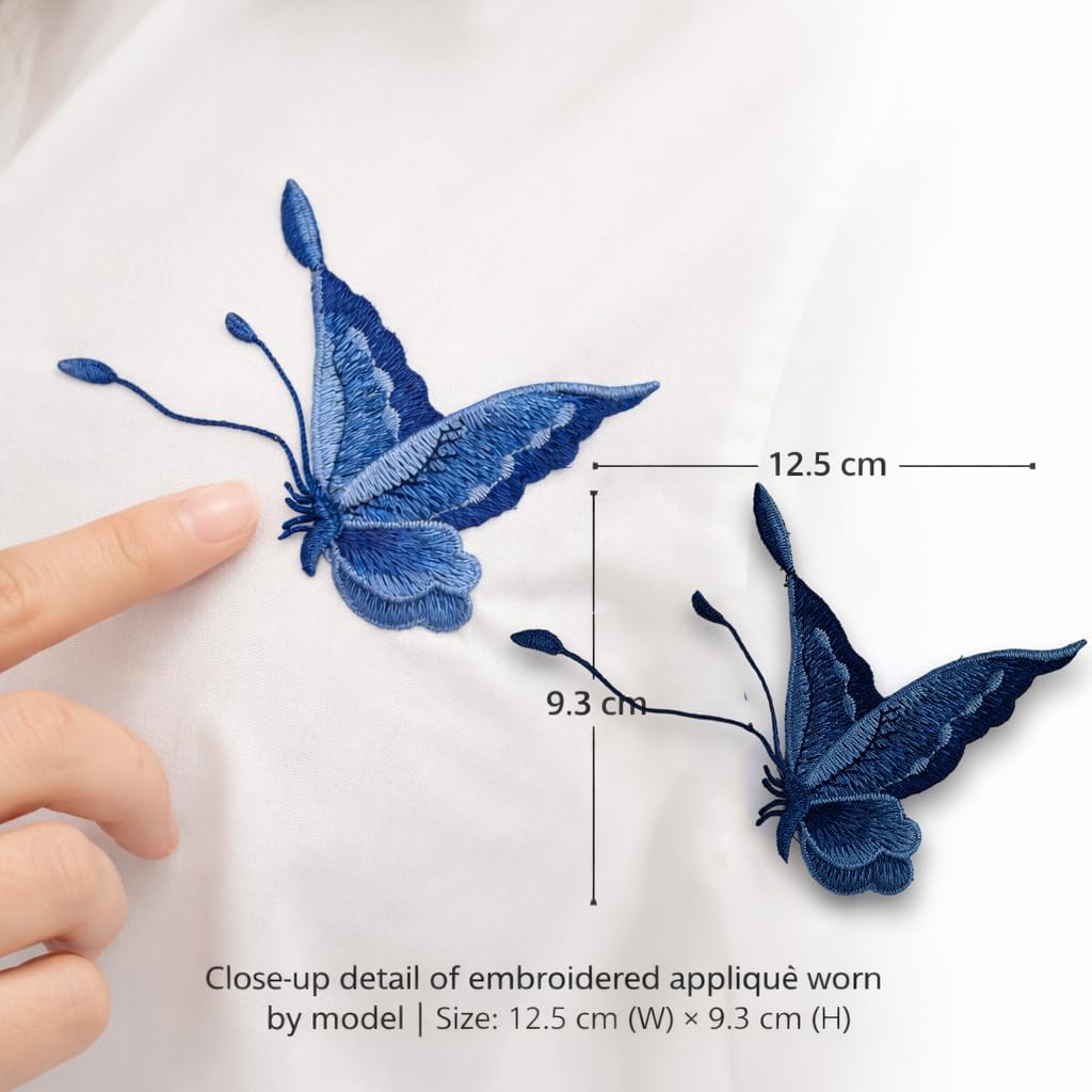 S.A.V.I Blue Embroidered Butterfly Applique Patch Pair (Left & Right), Sew-On Fabric Motif 12.5 x 9.3 cm, Thread Work for Dresses, Shirts, Denim & DIY Fashion (Blue)