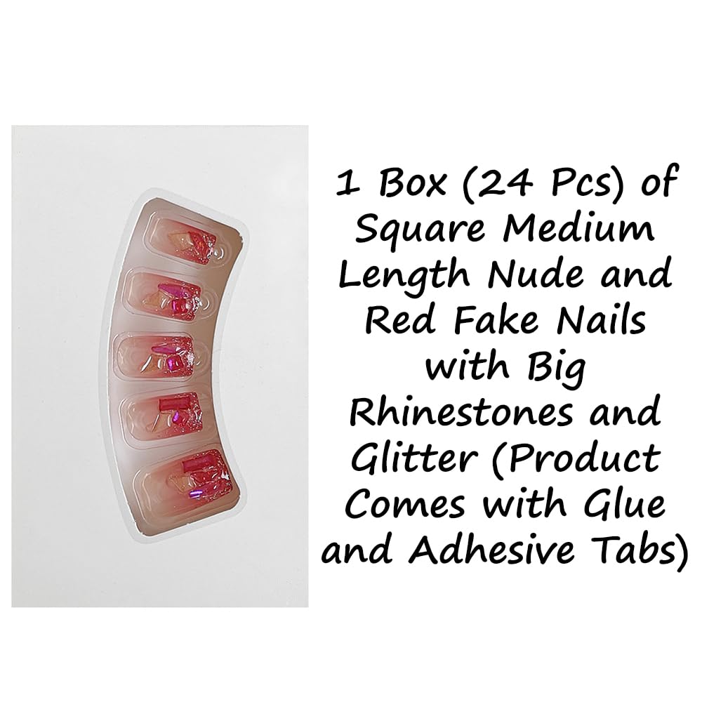 S.A.V.I 24pcs Square Medium Length Nude & Red Glitter Fake Nails with Rhinestones | Reusable Salon-Quality Nail Art| Includes Glue & Adhesive Tabs for DIY Manicure at Home