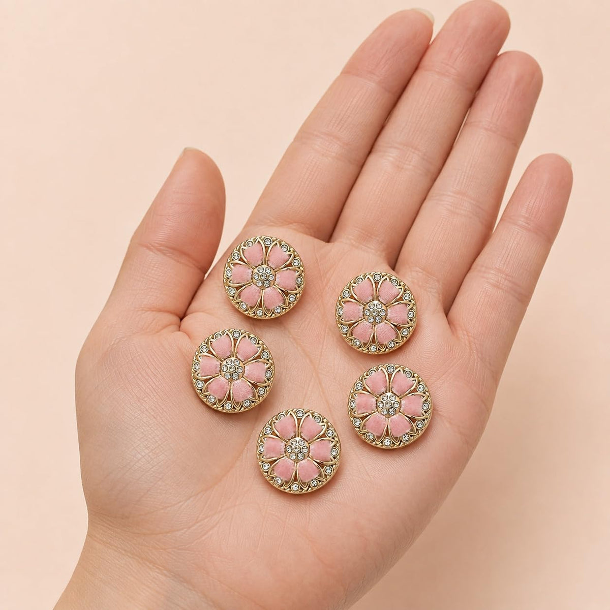 S.A.V.I Rhinestone Floral Shank Buttons Pink Gold Tone 17.5mm | Set of 5, DIY Sewing Crafts, For Blouse & Kurti, Embellishments