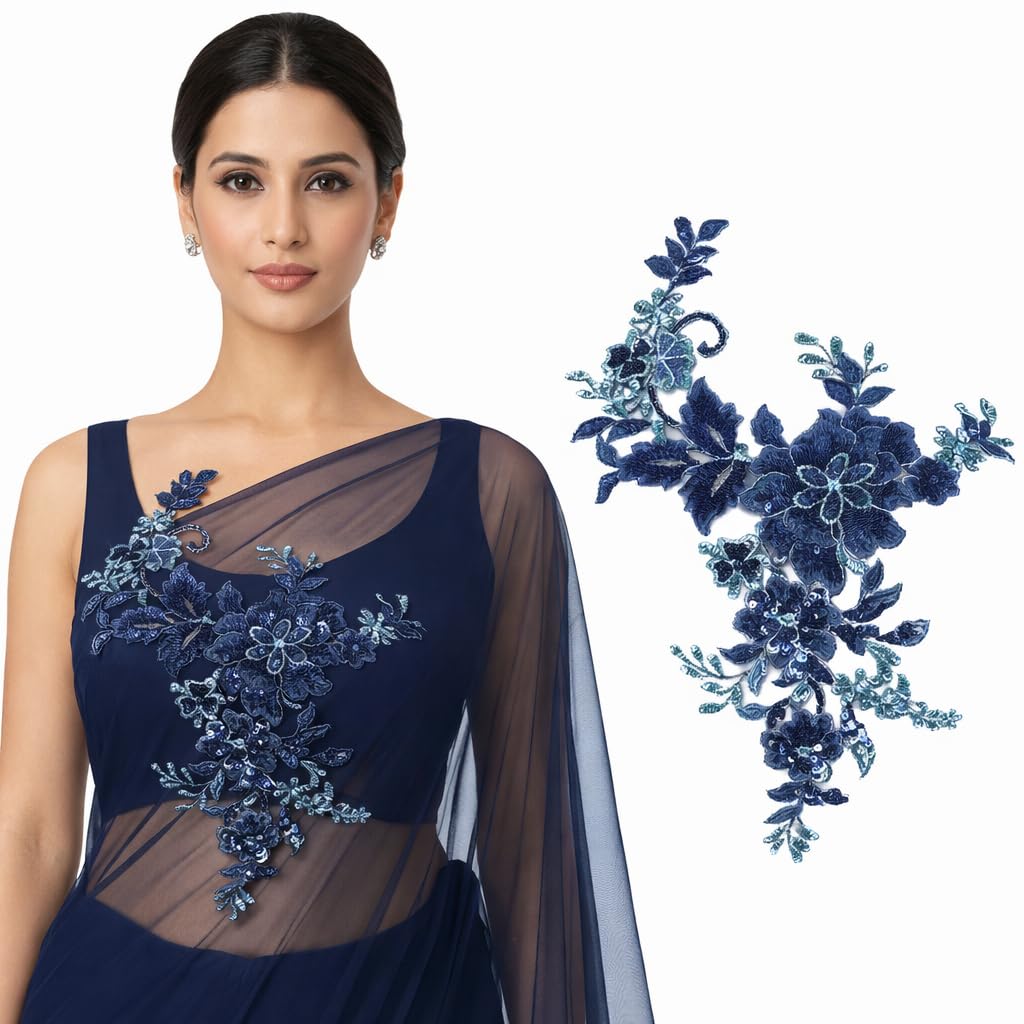 S.A.V.I Navy Blue Floral Sew-On Appliqué Patch 25 x 29 cm | Sequin & Thread Work Net Mesh | Designer Neckline Motif for Anarkali, Kurti, Gown & Dresses (Navy Blue)
