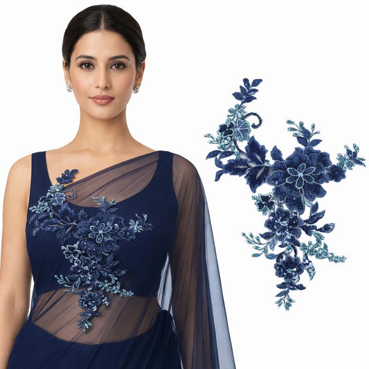 S.A.V.I Navy Blue Floral Sew-On Appliqué Patch 25 x 29 cm | Sequin & Thread Work Net Mesh | Designer Neckline Motif for Anarkali, Kurti, Gown & Dresses (Navy Blue)