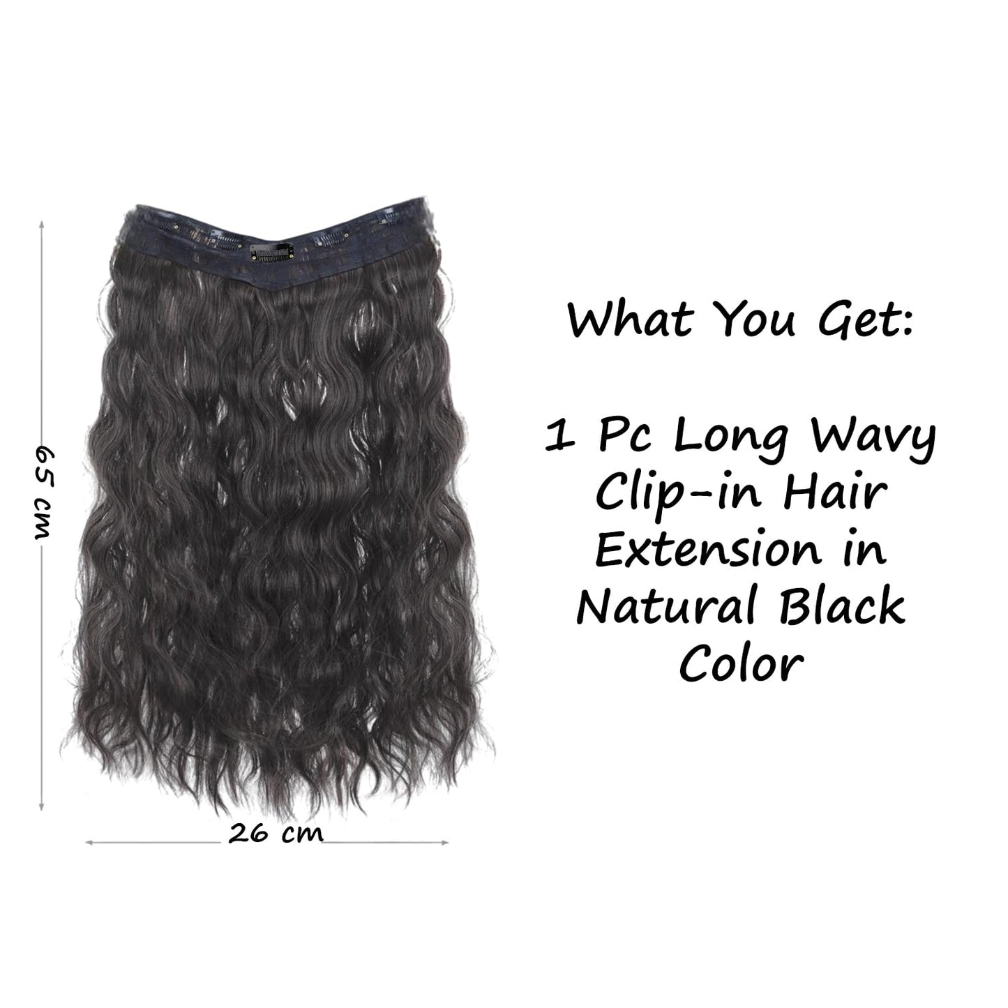 S.A.V.I Natural Black Clip-In Hair Extension for Women, 65 cm Long Wavy Curly Hair Patch with 5 Secure Clips, Synthetic Fiber Volumizer, Reusable Hairpiece for Daily, Party & Styling