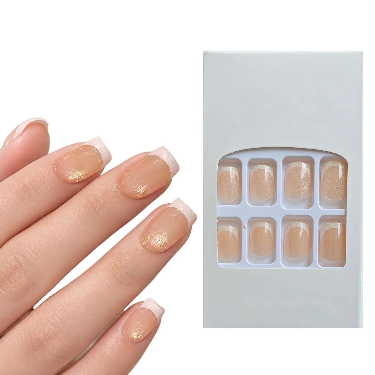 S.A.V.I Press on Nails Short Squoval Peachy Nude Shimmer 24 Pcs