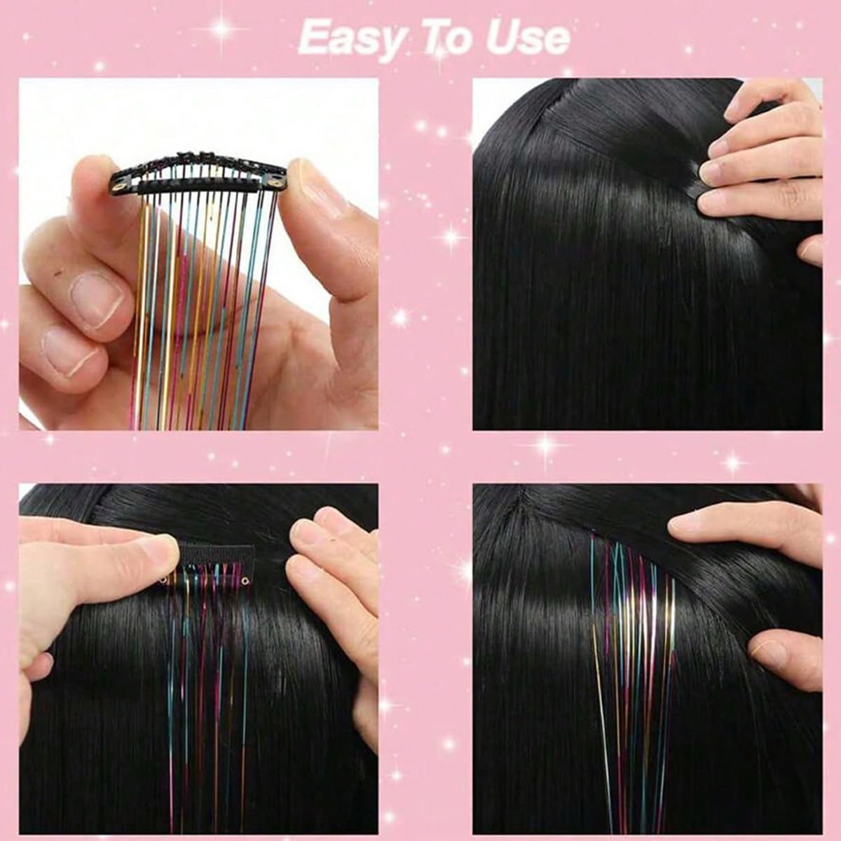 S.A.V.I Multicolor Clip-In Hair Tinsel Extensions 12 Pcs, 50cm Shimmer Fairy Hair Strands with Snap Clips, Metallic Glitter Highlights, Reusable Synthetic Party Styling Accessories for Women & Girls