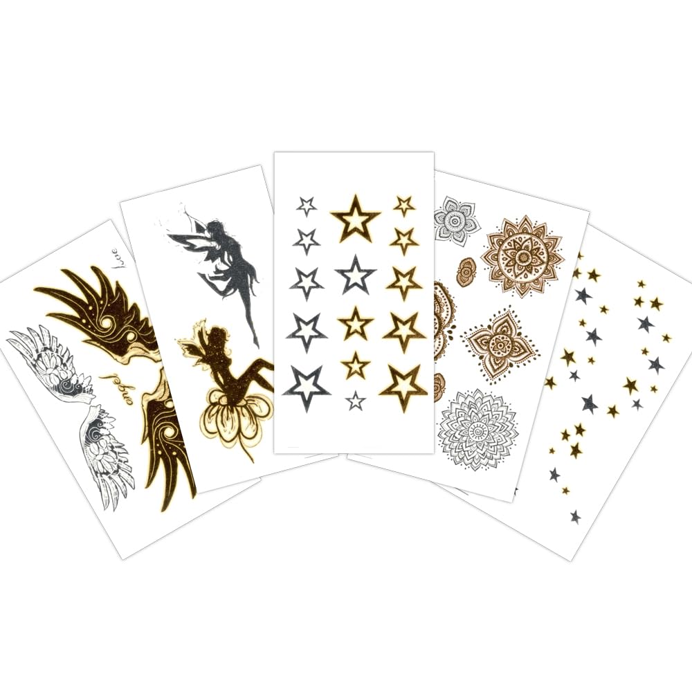 S.A.V.I 5 Sheets, Gold  Silver Temporary Tattoos - Wing, Feather, Stars, Mandala, 10.5x6cm, Metallic Body Art for