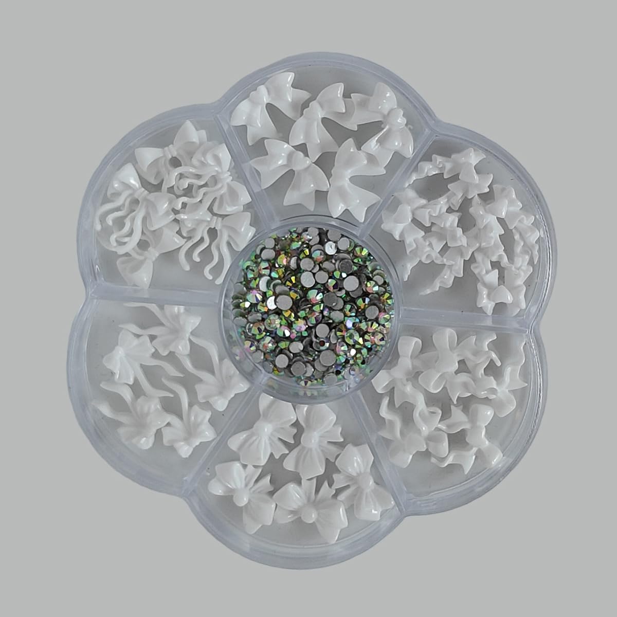 S.A.V.I 3D White Bow Knot Nail Art Charms with AB Rhinestones | Resin Nail Decorations Set | Round 7-Section Storage Box 8.3 cm | DIY Gel & Acrylic Nails (30 Pcs)