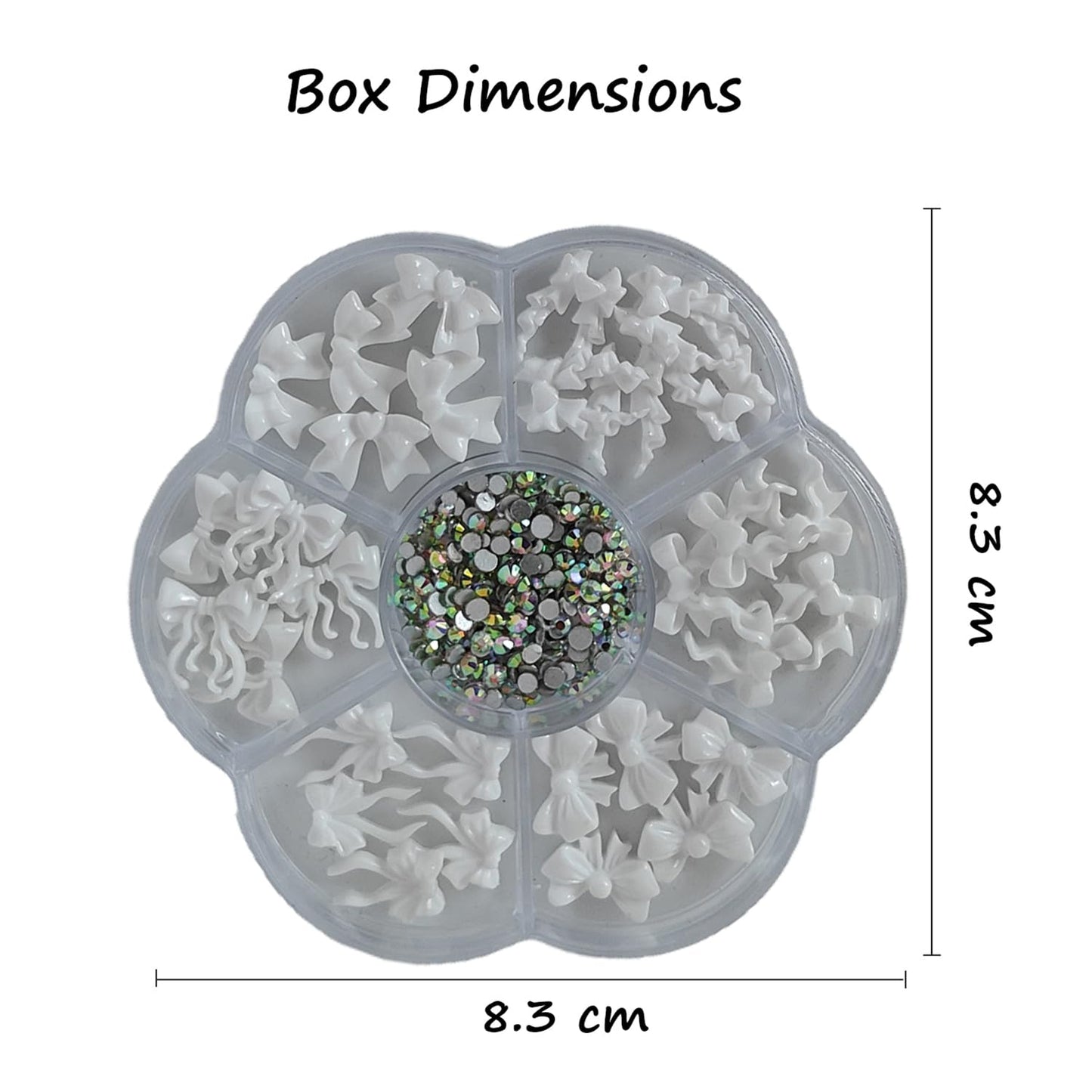 S.A.V.I 3D White Bow Knot Nail Art Charms with AB Rhinestones | Resin Nail Decorations Set | Round 7-Section Storage Box 8.3 cm | DIY Gel & Acrylic Nails (30 Pcs)