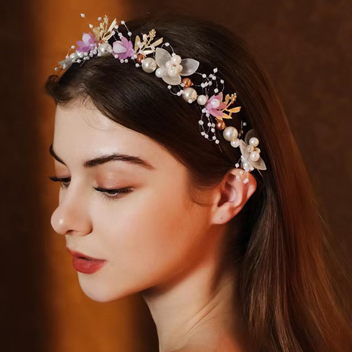 S.A.V.I Floral Pearl Headband for Women & Girls | Pink White Flower Hair Vine Crown Tiara with Ribbon Bow | Adjustable 35cm Bridal Hair Accessory for Wedding Party Festive
