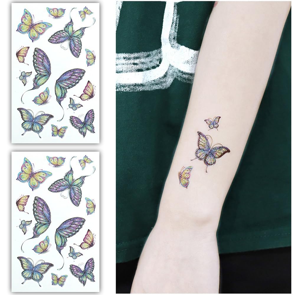 S.A.V.I Colorful Glittery Butterfly Temporary Tattoo Stickers - Set of 2 Sheets, Skin-Safe, Easy-to-Apply, Long-Lasting Multicolor Designs for Parties, Festivals, Kids  Adults (12cm x 7.5cm)