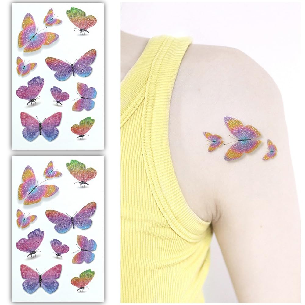 S.A.V.I 2 Pcs Glittery Multicolor Butterfly Temporary Tattoo Stickers – Bright Rainbow Design | Waterproof, Skin-Friendly | Ideal for Kids  Adults | Parties, Festivals