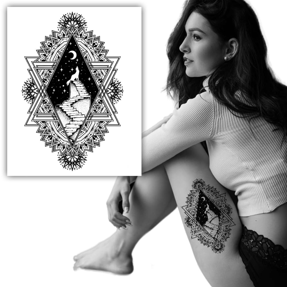 S.A.V.I Black Diamond Mandala Temporary Tattoo for Men & Women, Moon Wolf Staircase Fake Body Sticker, Safe Non-Toxic Tattoo for Arm Back Shoulder Thigh, 21x15 cm