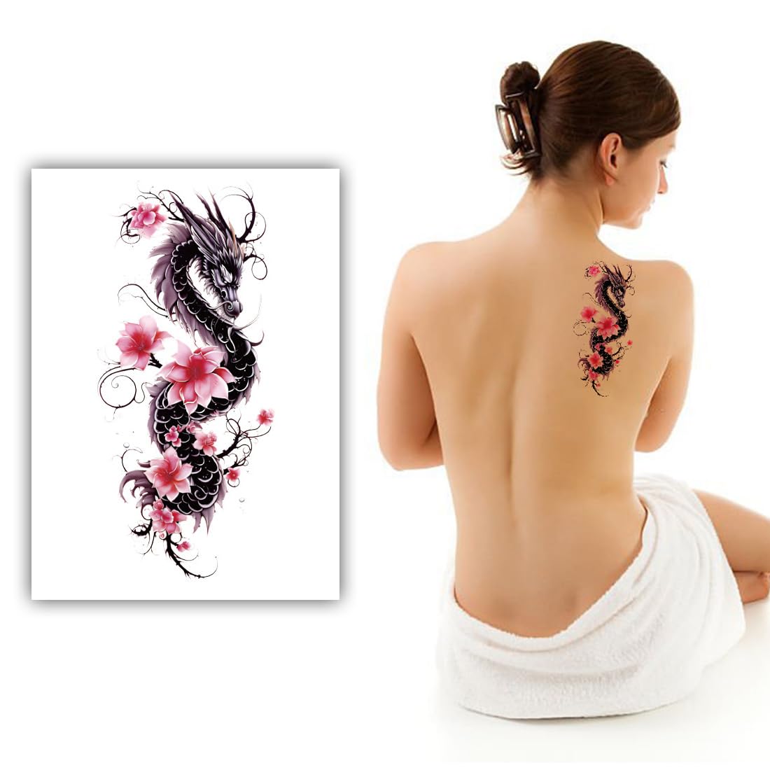 S.A.V.I 1 Pc Dragon Temporary Tattoo for Men & Women – 21x11cm Waterproof Body Art Sticker with Pink Floral Design – Non-Toxic, Easy to Apply & Remove – For Arm, Chest, Back Decoration