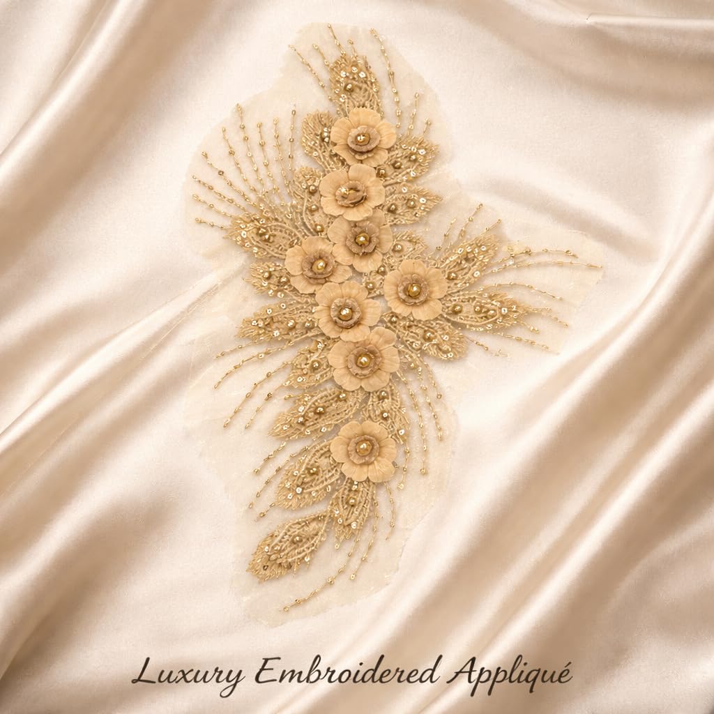 S.A.V.I 3D Gold Floral Embroidered Sew-On Applique Patch 29.9 x 38.8 cm | Beaded Sequin Mesh Motif for Bridal Lehenga Saree Blouse Gown & DIY Sewing Craft (Gold)