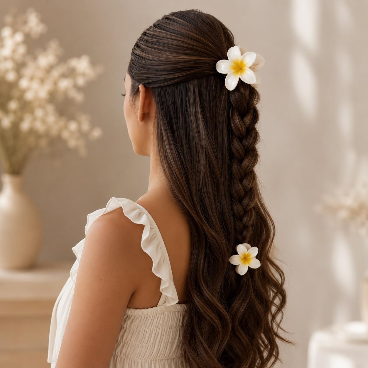 S.A.V.I Floral Resin Plumeria Hair Claw Clips White 8cm & 4cm | Set of 3, Strong Grip, Lightweight, Tropical Style, Women & Girls