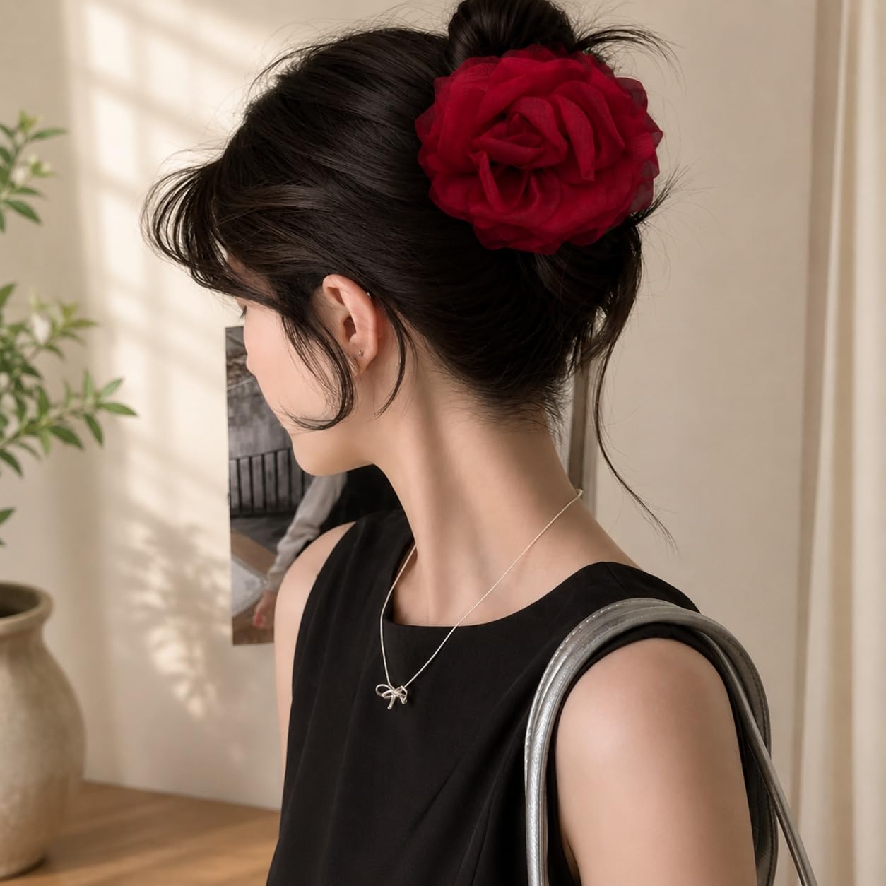 S.A.V.I Rose Hair Claw Clip for Women, Mesh Floral, Red, 10 cm | Strong Grip, Lightweight Fabric, Casual & Party Styling, Wedding & Festive Use, For Girls