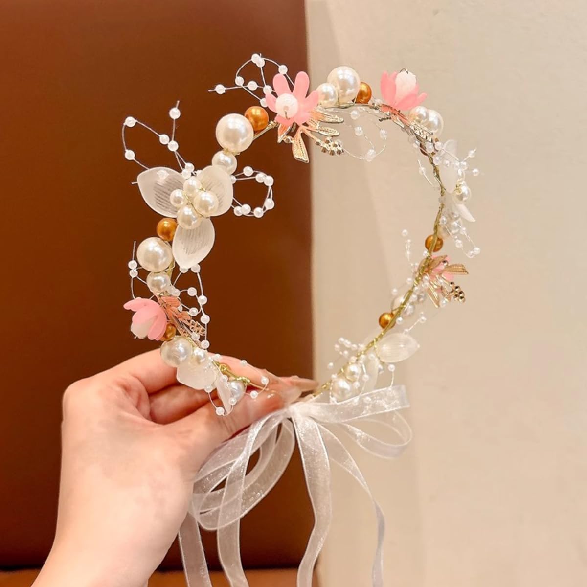 S.A.V.I Floral Pearl Headband for Women & Girls | Pink White Flower Hair Vine Crown Tiara with Ribbon Bow | Adjustable 35cm Bridal Hair Accessory for Wedding Party Festive