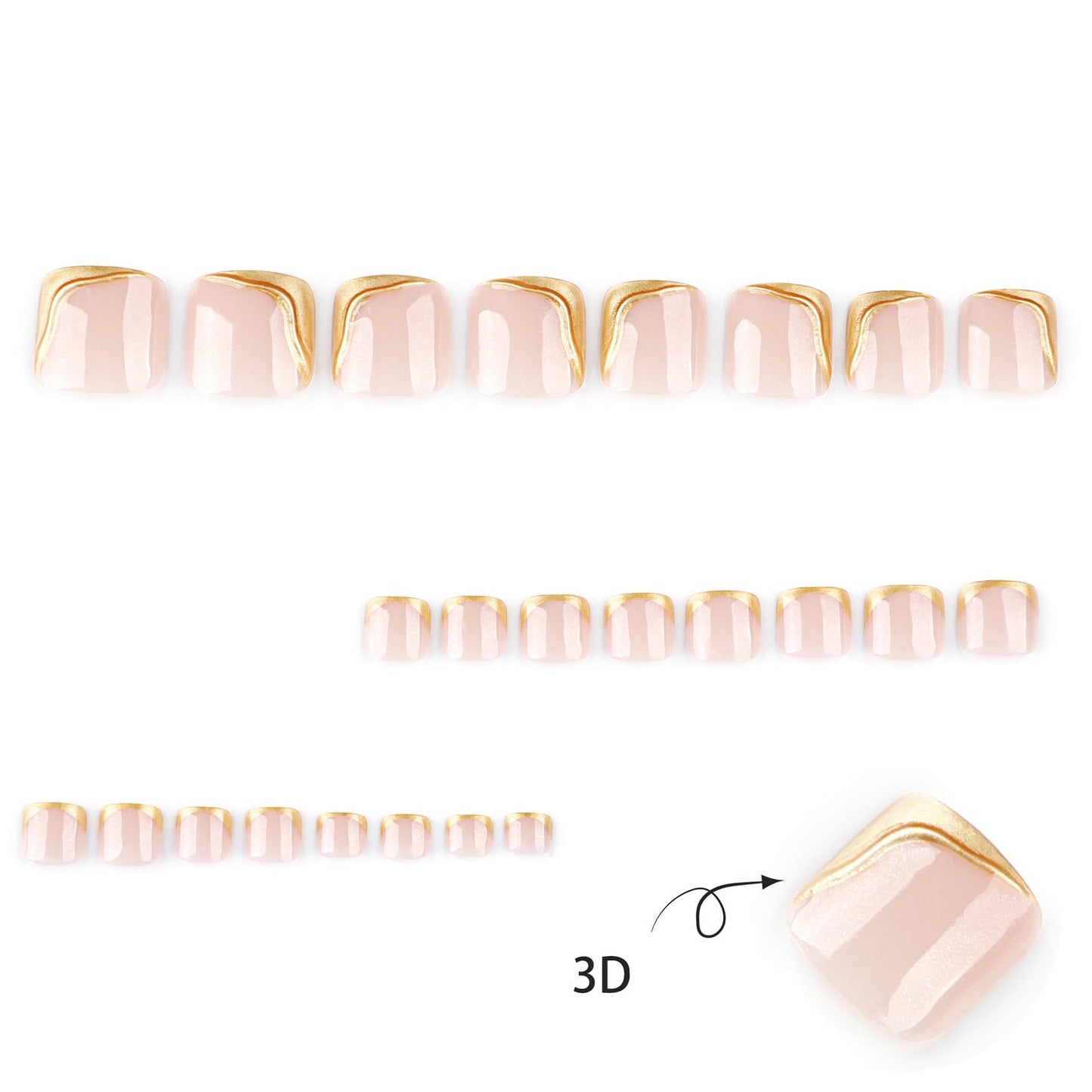 S.A.V.I Long Almond Press On Nails for Women, Nude Pink with Gold Chrome & Pearl 3D Design, Glossy Reusable Artificial Set, Pack of 24 with Nail Glue & Adhesive Tabs