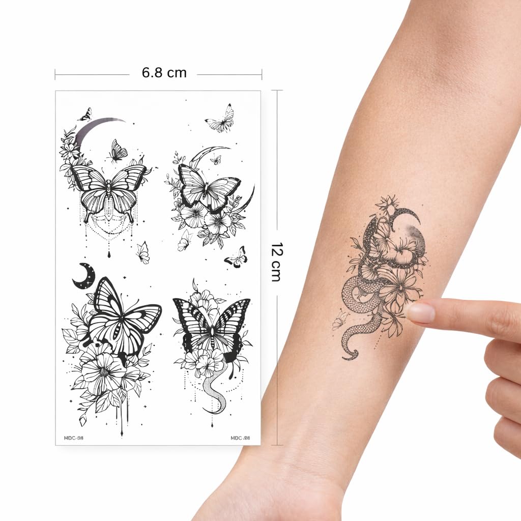 S.A.V.I Black Butterfly & Moon Temporary Tattoos for Women & Girls, Floral Snake Fine Line Fake Tattoo Stickers, Waterproof Non-Toxic Body Art for Arm Neck Ankle, 10 Sheets 6.8x12 cm (#323)