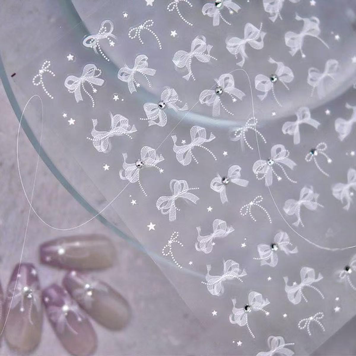 S.A.V.I 2 Sheets - 3D White Bow Nail Art Stickers with Pearl & Rhinestone | Self-Adhesive Lace Design | Transparent Sheet | Long-Lasting Nail Decoration for Women & Girls