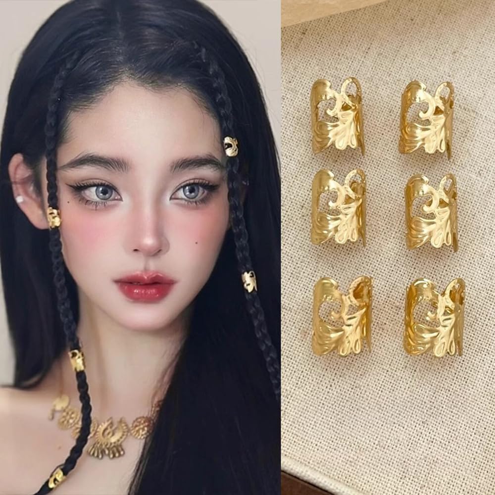 S.A.V.I 6 Pcs Gold Plated Hair Ring Clips for Women | 16x12mm Leaf Design Metal Cuffs for Braids, Dreadlocks & Party Hairstyles | Stylish Hair Accessories for Girls & Women