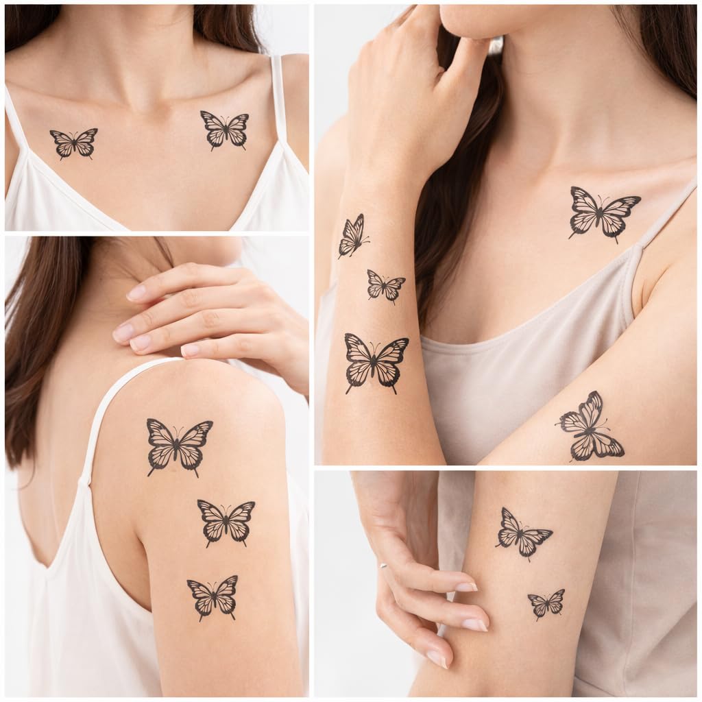 S.A.V.I 10 Sheets Black Butterfly Temporary Tattoos (6.8 x 12 cm) – Small & Large Floral Body Art Stickers for Women, Girls & Kids, Waterproof, Safe, Non-Toxic, Long Lasting for Arm, Wrist, Neck & Ankle (#328)