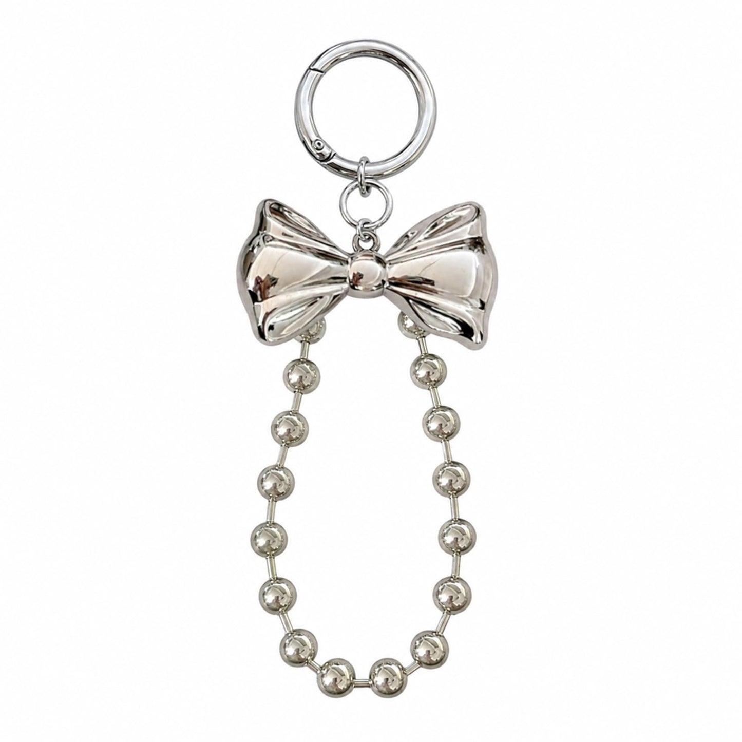 S.A.V.I Bow Keychain for Women, Silver Metal Bag Charm with Bead Chain, Round clasp accessory for handbags, backpacks & keys; stylish gift with glossy finish for girls and teens.