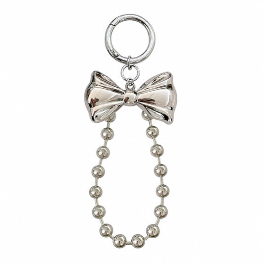 S.A.V.I Bow Keychain for Women, Silver Metal Bag Charm with Bead Chain, Round clasp accessory for handbags, backpacks & keys; stylish gift with glossy finish for girls and teens.