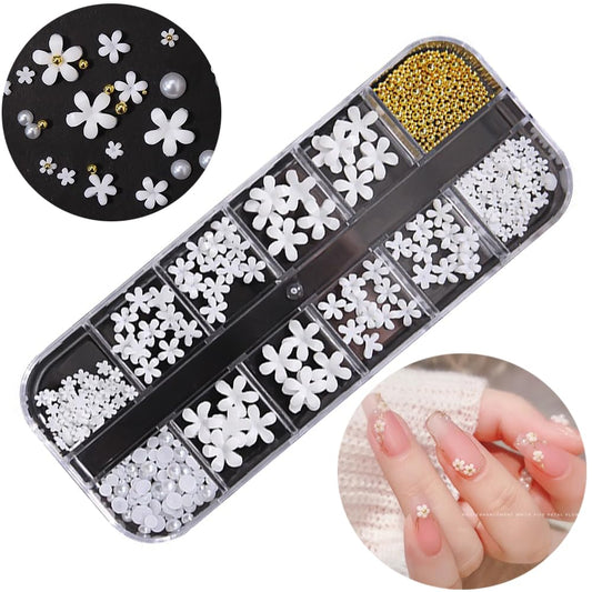 S.A.V.I 12 Grids DIY Nail Art Box - 3D White Flower, Gold Metal Beads, Pearls
