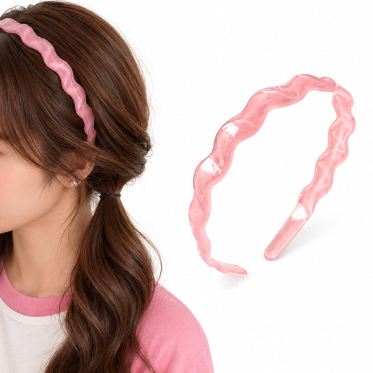S.A.V.I Wavy Pink Resin Hair Band for Women & Girls 14 cm | Glossy Translucent Finish, Lightweight, Casual & Party, Comfortable Fit, Fashion Accessory