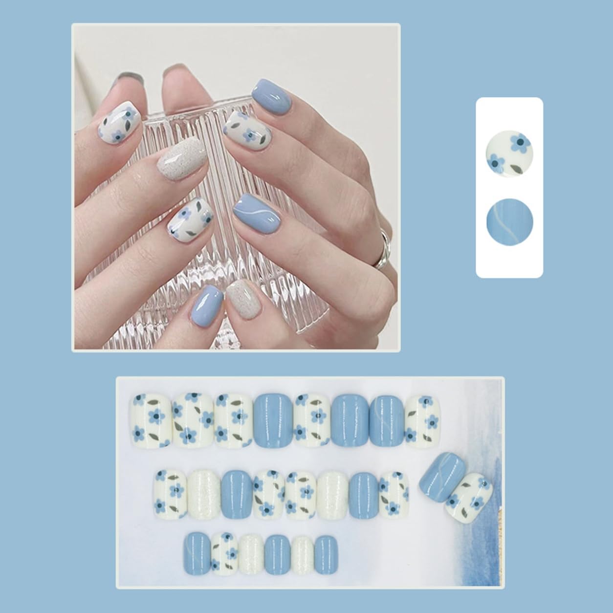 S.A.V.I Press on Nails for Women Blue & White Floral Design