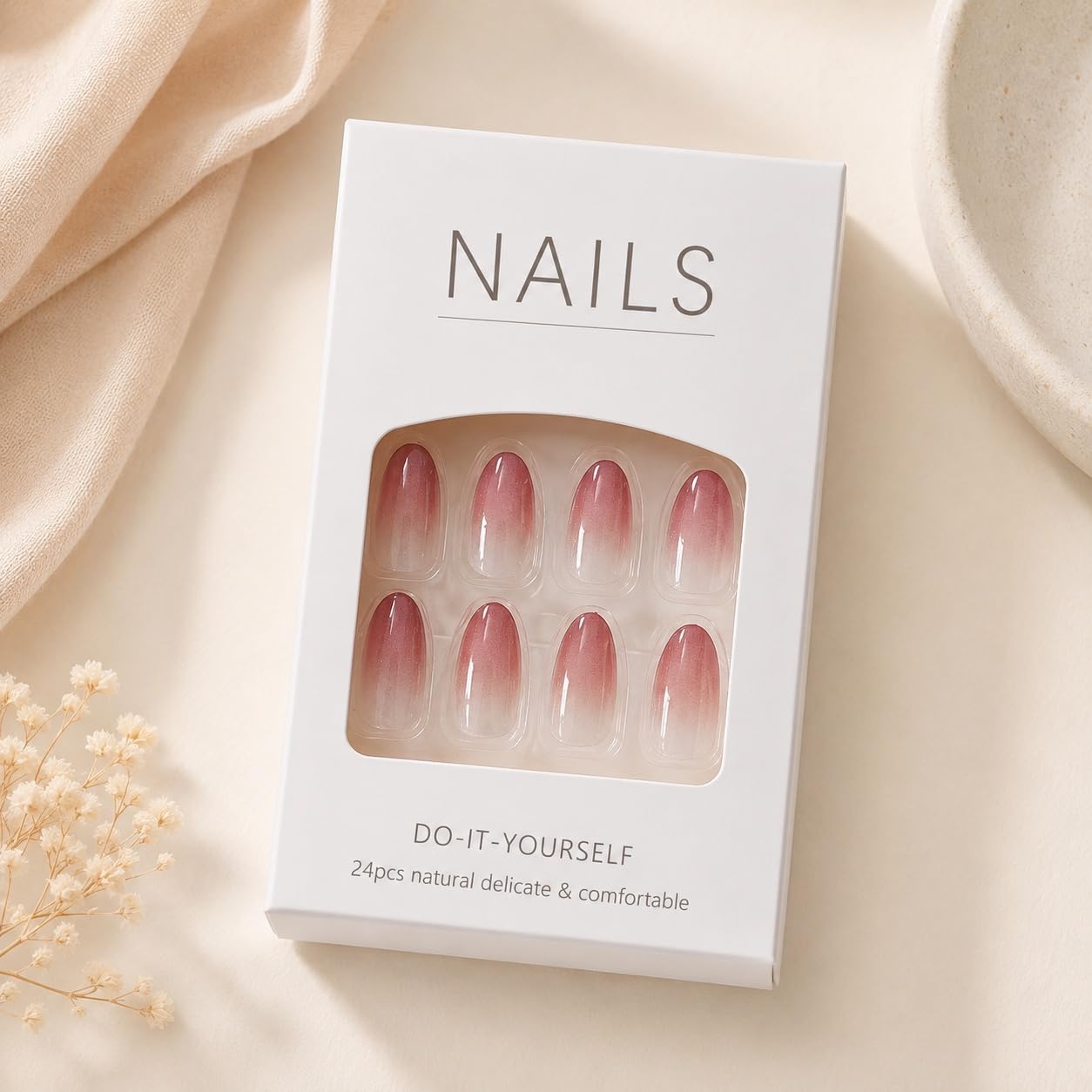 S.A.V.I Press on Nails 30 Pcs Pink Gradient Round Medium | Blush Glossy Nude Finish, Reusable DIY Manicure Set with Glue & Adhesive Tabs Included