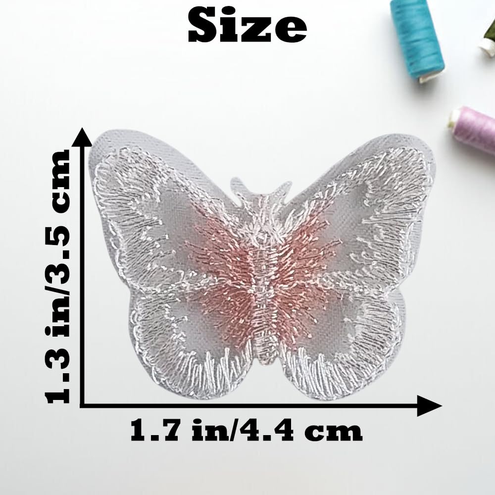 S.A.V.I 6 Pcs Butterfly Embroidered Sew On Patches, White & Blush Pink Thread Work, Organza Mesh Fabric Appliqué for Dresses, Blouses, DIY Craft & Decoration (4.4 x 3.5 cm) (White-Pink)