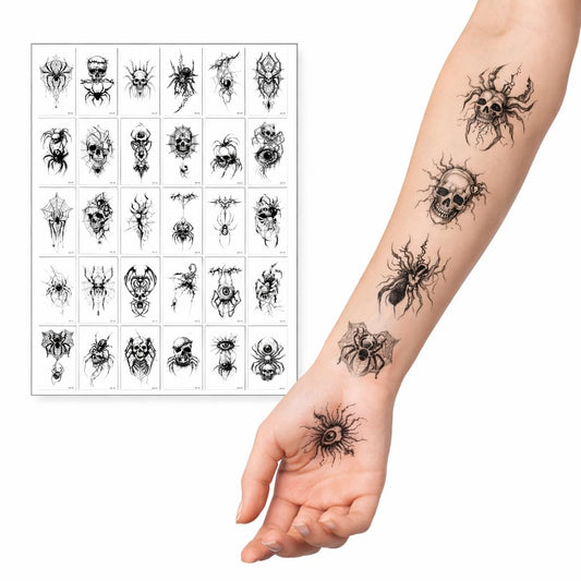 S.A.V.I 30 Sheets Black Spider & Skull Temporary Tattoos (5.7 x 9.7 cm) – Gothic Web, Evil Eye, Horror Body Art Stickers – Waterproof, Non-Toxic Fake Tattoo for Men Women, Wrist Arm Ankle (#317)