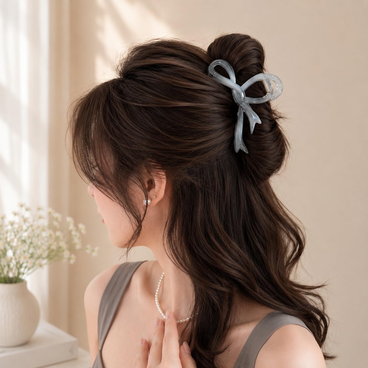 S.A.V.I Bow Hair Claw Clip for Women, Grey, 13 cm | Strong Hold, Lightweight, Acrylic Material, Formal & Casual Styles, For Girls