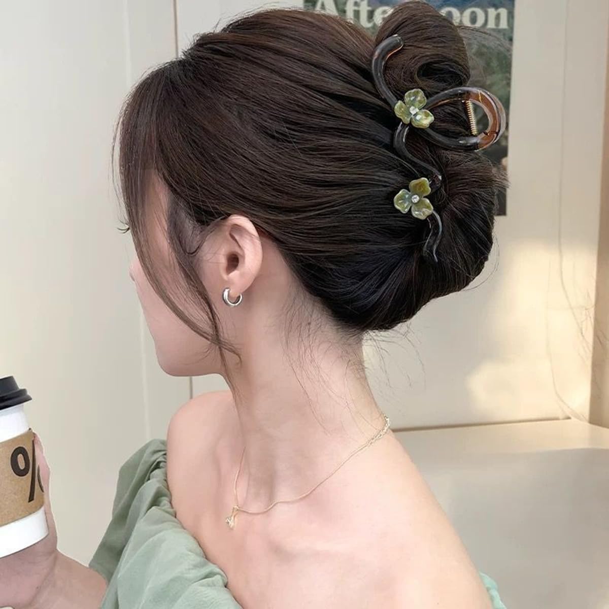 S.A.V.I Large 14 cm Acrylic Hair Claw Clip for Women, Transparent Grey Clutcher with Green Floral Design, Strong Grip for Thick Hair Bun, Stylish Wavy Hair Accessory for Daily