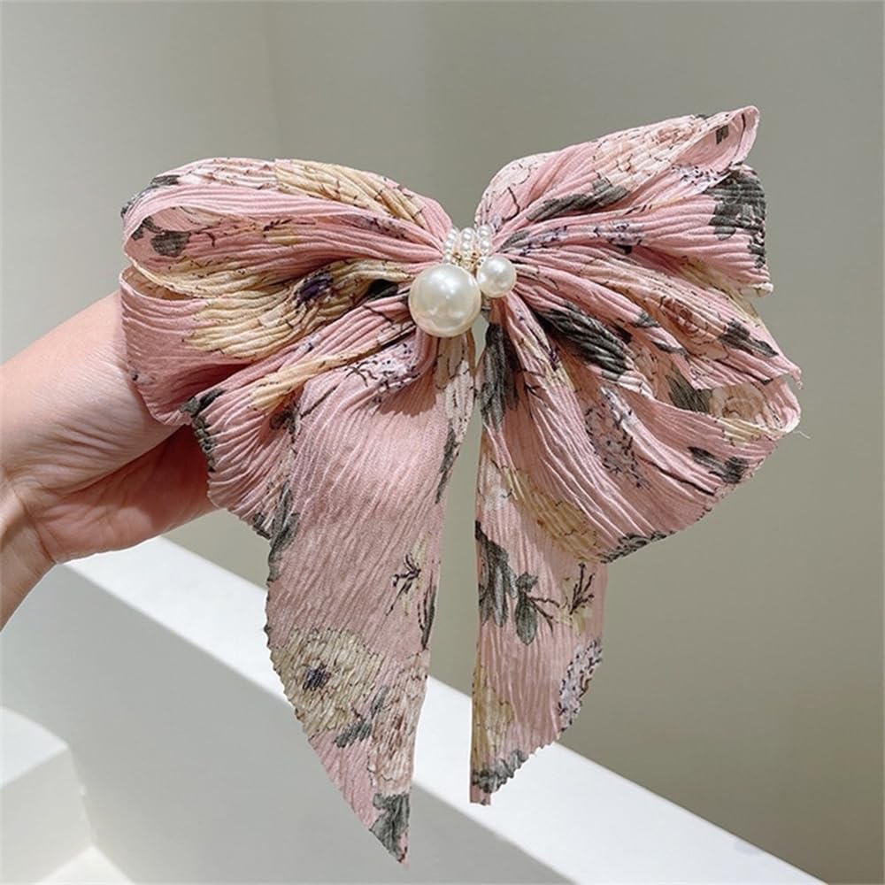 S.A.V.I Pink Floral Big Bow Hair Clip for Women & Girls | 17x15 cm Pleated Korean Style Barrette with Pearl Beads | Stylish Hair Accessory for Long Hair, Daily & Party