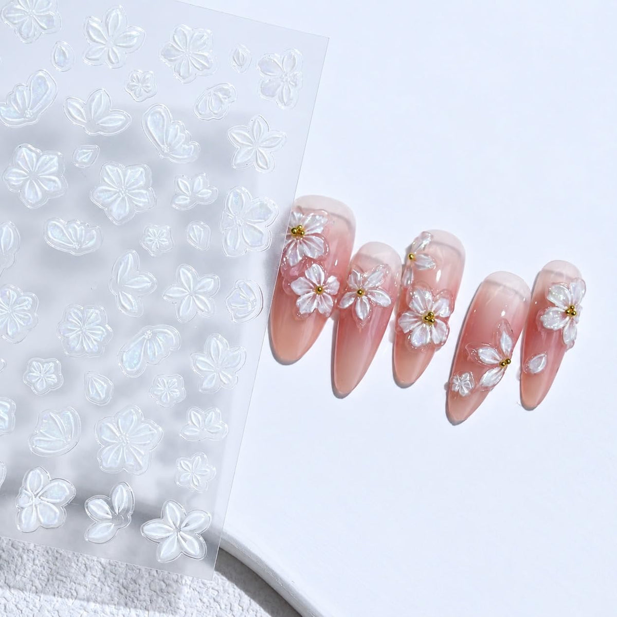 S.A.V.I 3D Nail Art Stickers Self Adhesive Floral Decals, Pack of 3 | Iridescent Pink & Pearl White, 7 x 9 cm, DIY Manicure, Women & Girls, Flower Embellishments