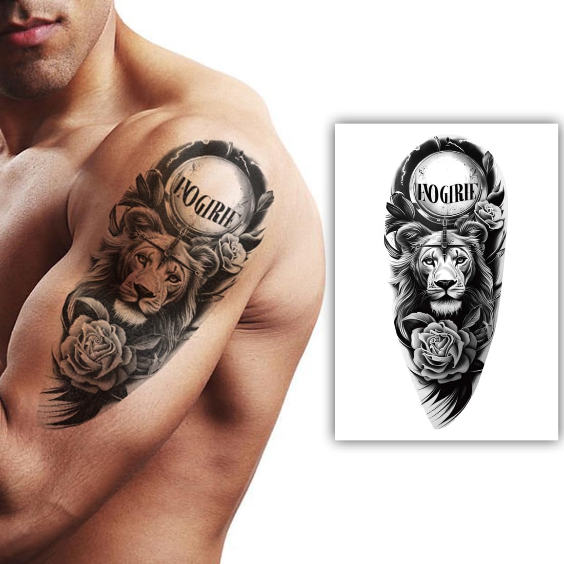 S.A.V.I Large Temporary Tattoo Sticker for Men 21x11cm – Black Lion & Rose 'NO GRIEF' Waterproof Fake Arm/Shoulder Transfer, Safe Non-Toxic Body Art, Quick Apply, Long-Lasting Stylish Look – 1 Pc