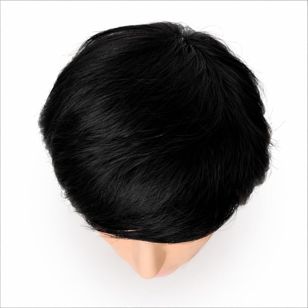 S.A.V.I 100% Human Hair Short Pixie Cut Wig for Men | Natural Black Straight Layered Boy Cut Style | Soft Lightweight Breathable Cap | Real Hair Full Head Wig | Realistic Scalp Effect