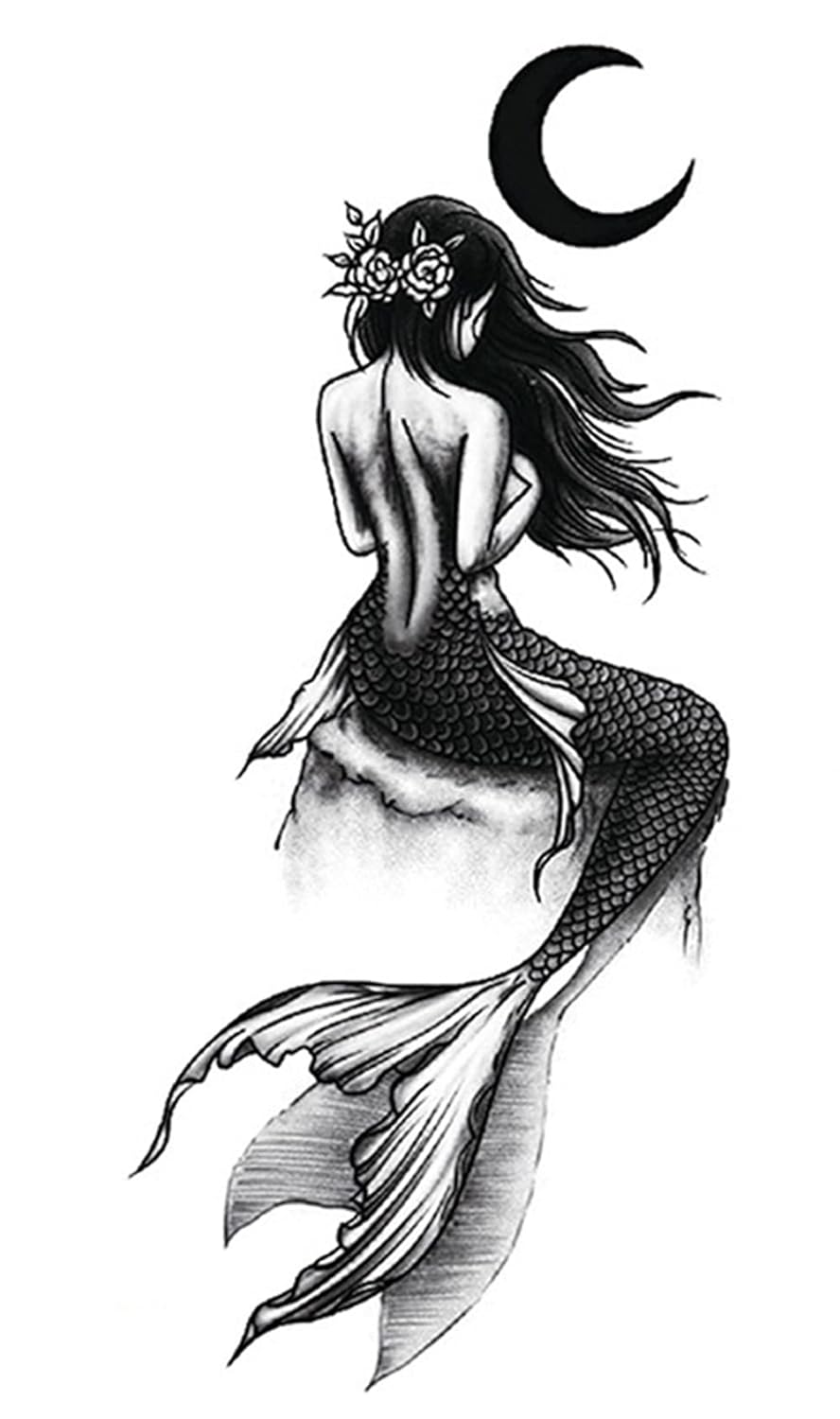 S.A.V.I Temporary Tattoo Stickers, Sea Mermaid Long Hair Flower Moon Design For Men, Women Size 21x11cm - 1Pc.