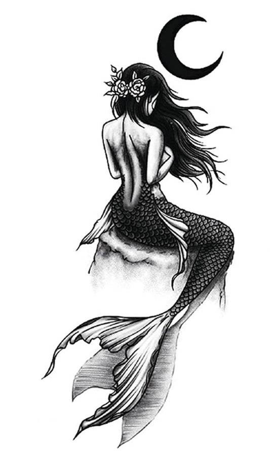 S.A.V.I Temporary Tattoo Stickers, Sea Mermaid Long Hair Flower Moon Design For Men, Women Size 21x11cm - 1Pc.