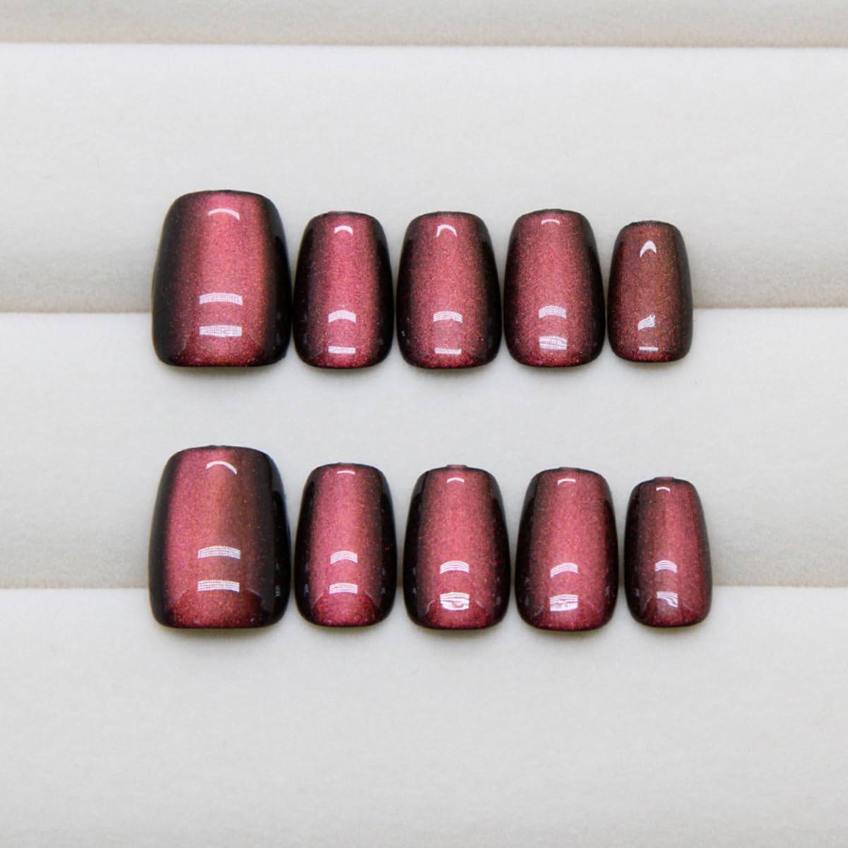 S.A.V.I Cat’s Eye Dark Wine Coffin Shape Press On Nails for Women | 24pcs Medium Length Artificial Nail Tips with Glue & Adhesive Tabs | Glossy Magnetic Effect Fake Nails for DIY Nail Art