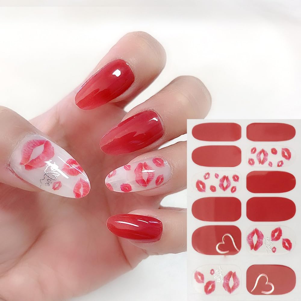 S.A.V.I Nail Art Stickers 12PCS - Gel Effect Full Nail Wrap, Red and Nude with Lipstick Print, Long-Lasting Nail Decoration
