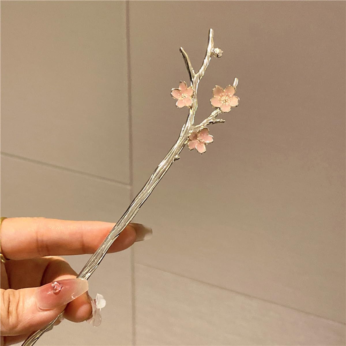 S.A.V.I Cherry Blossom Hair Stick Pin for Women & Girls | Gold Tone Japanese Style Hairpin with Pink Floral Design | Elegant Metal Bun Hairstick Accessory for Bridal, Party & for Daily