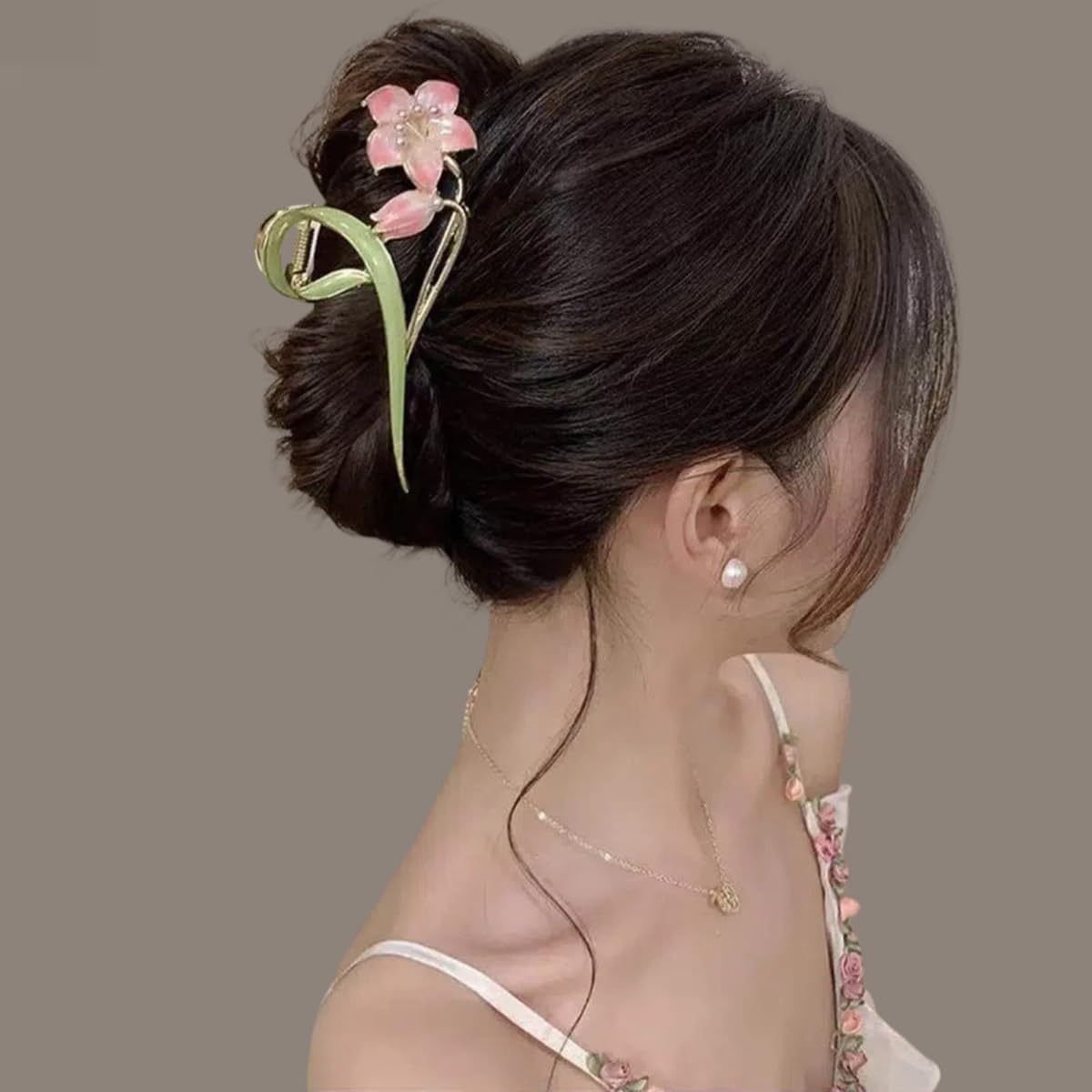 S.A.V.I Floral Hair Claw Clip for Women & Girls, Large 11 cm Strong Grip Clutcher, Green Pink Flower Design, Alloy Resin Hair Accessory for Daily, Party Styling