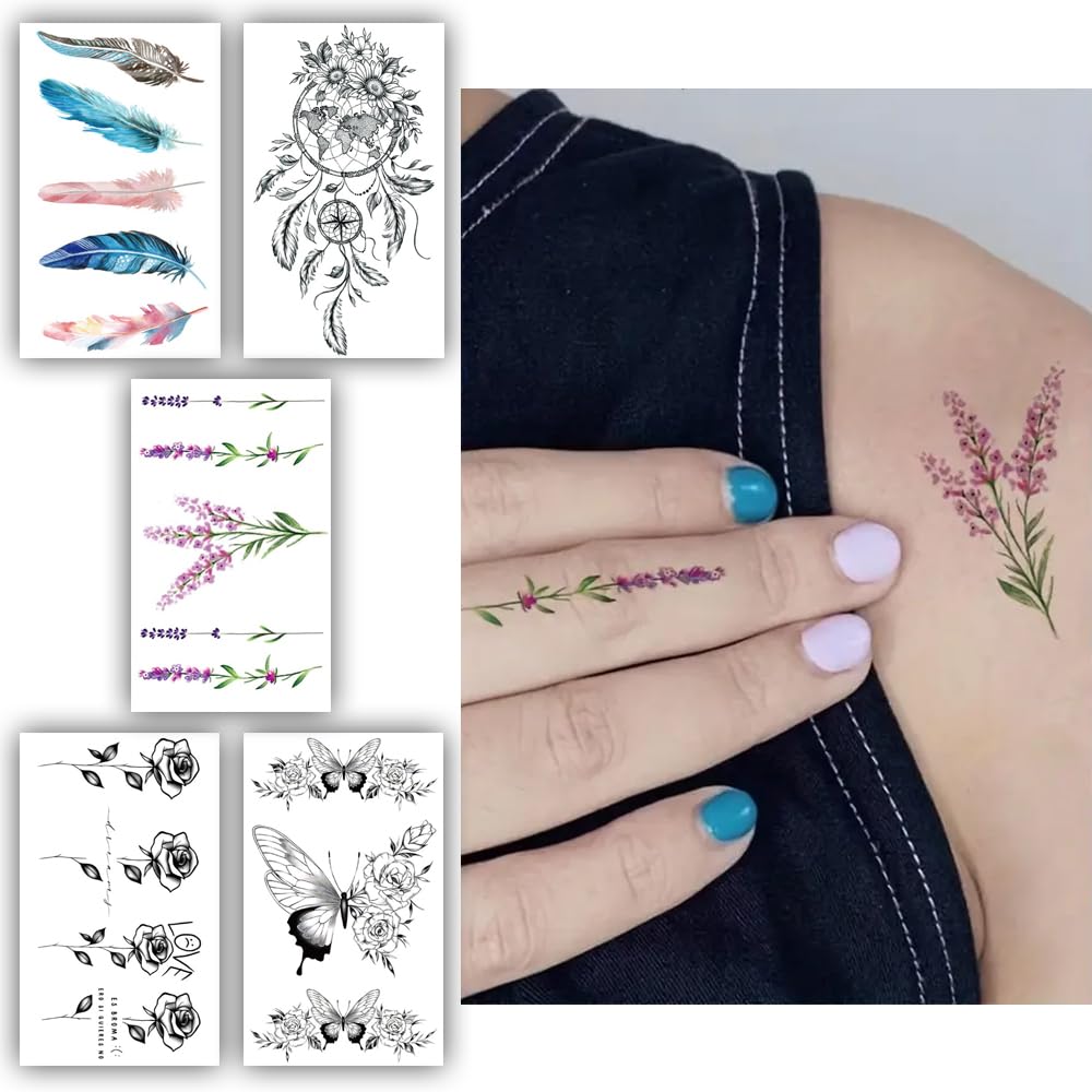 S.A.V.I 5 Sheets Temporary Tattoo Stickers - 10.5x6cm | Waterproof, Long-Lasting Floral, Feather  Butterfly Designs for Women  Girls | Skin-Safe, Easy Application, Ideal for Parties  Festivals