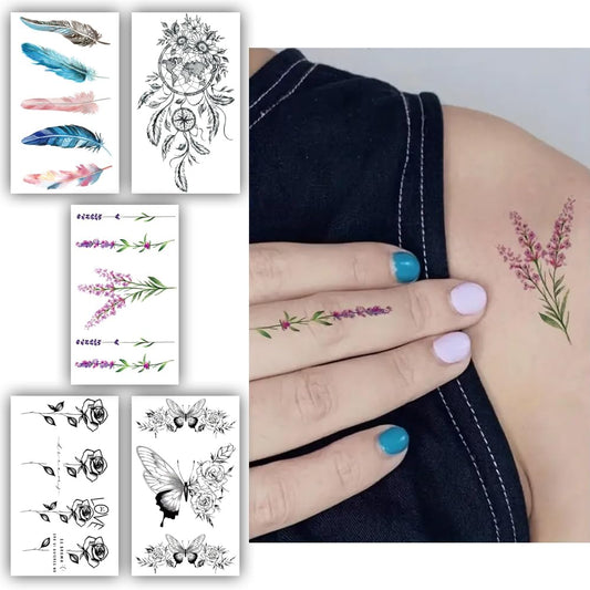 S.A.V.I 5 Sheets Temporary Tattoo Stickers - 10.5x6cm | Waterproof, Long-Lasting Floral, Feather  Butterfly Designs for Women  Girls | Skin-Safe, Easy Application, Ideal for Parties  Festivals