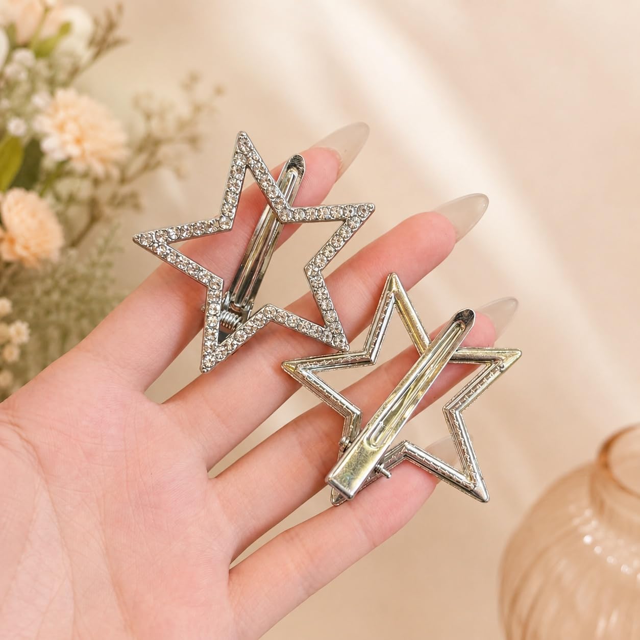 S.A.V.I Star Hair Clips for Women & Girls, Rhinestone Silver 4cm | 2 Pc Metal Barrettes, Crystal Embellishment, Strong Hold, Daily & Parties