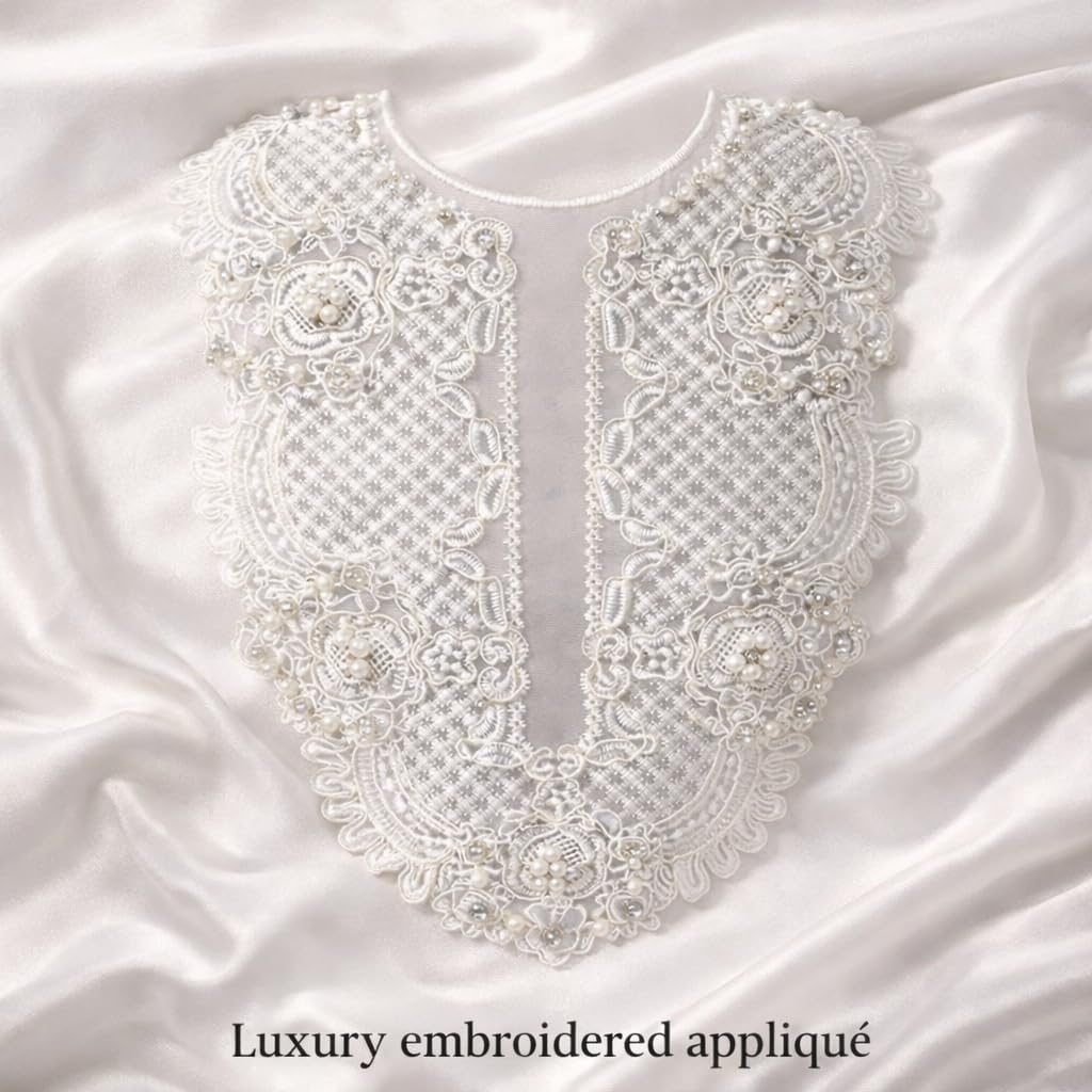 S.A.V.I Luxury White Embroidered Lace Appliqué Neckline (30 x 36 cm) with Pearl & Bead Floral Work | U-Shape Yoke Patch for Kurti, Gown, Saree Blouse & Designer Dresses (Pearl & Stones)
